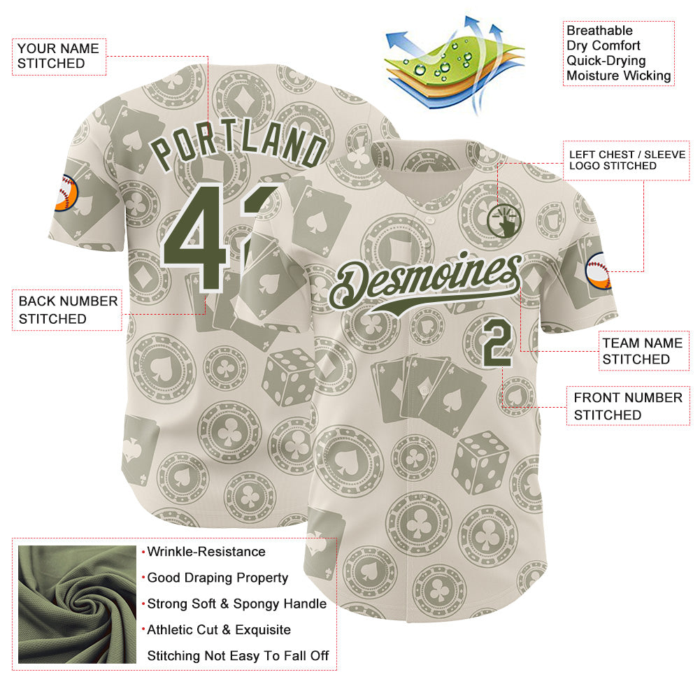 Custom Cream Olive-White Las Vegas Poker Club Authentic Baseball Jersey view 3