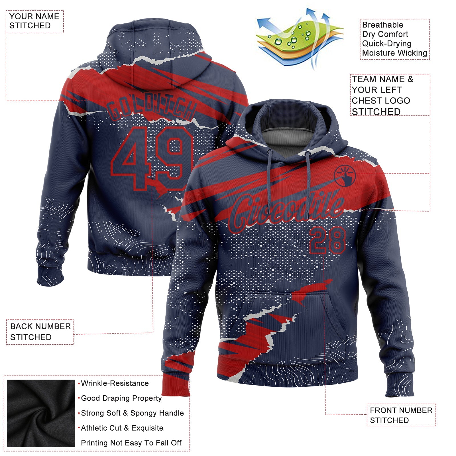 Custom Stitched Navy Red 3D Pattern Design Torn Paper Style Sports Pullover Sweatshirt Hoodie view 2