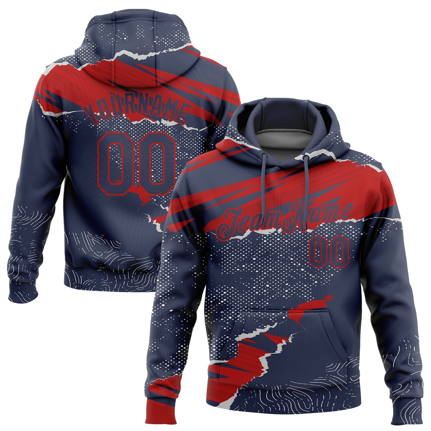 Custom Stitched Navy Red 3D Pattern Design Torn Paper Style Sports Pullover Sweatshirt Hoodie - Main View