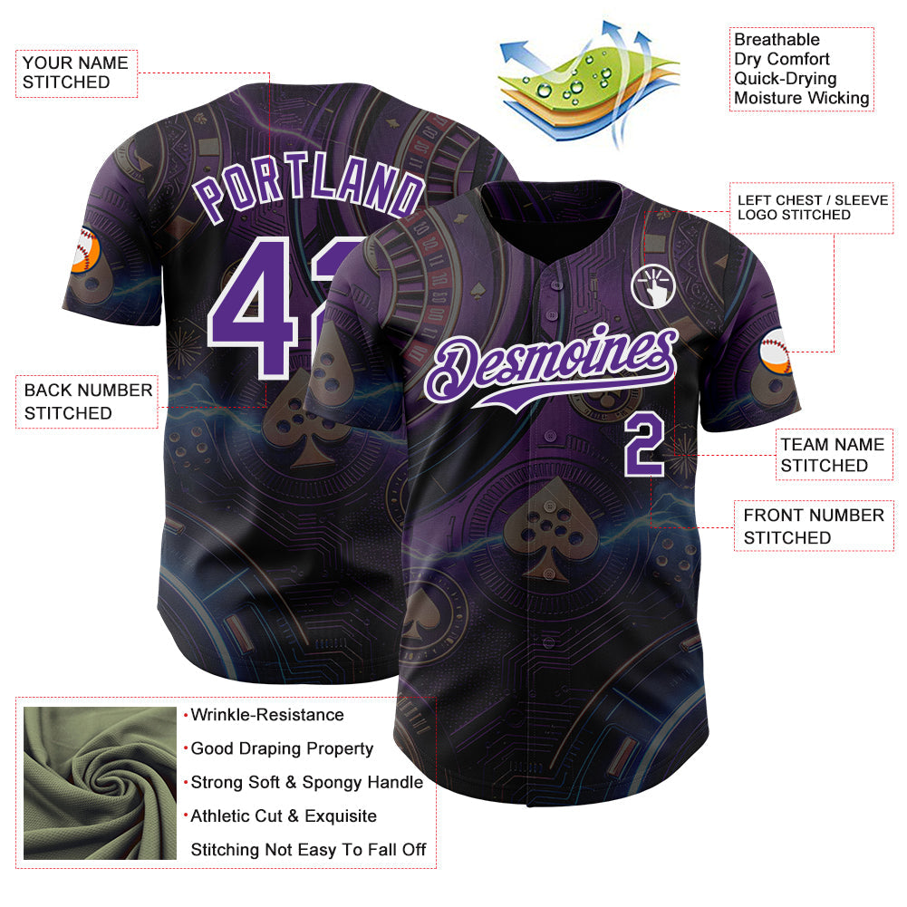 Custom Black Purple-White Las Vegas Poker Club Authentic Baseball Jersey view 3
