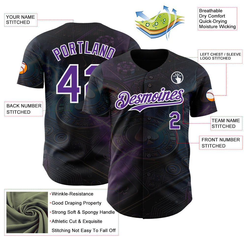 Custom Black Purple-White Las Vegas Poker Club Authentic Baseball Jersey view 3
