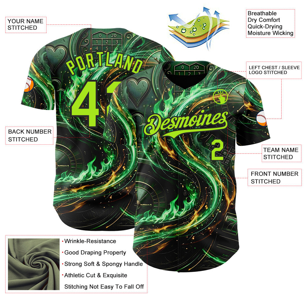 Custom Black-Neon Green Las Vegas Poker Club Authentic Baseball Jersey view 3