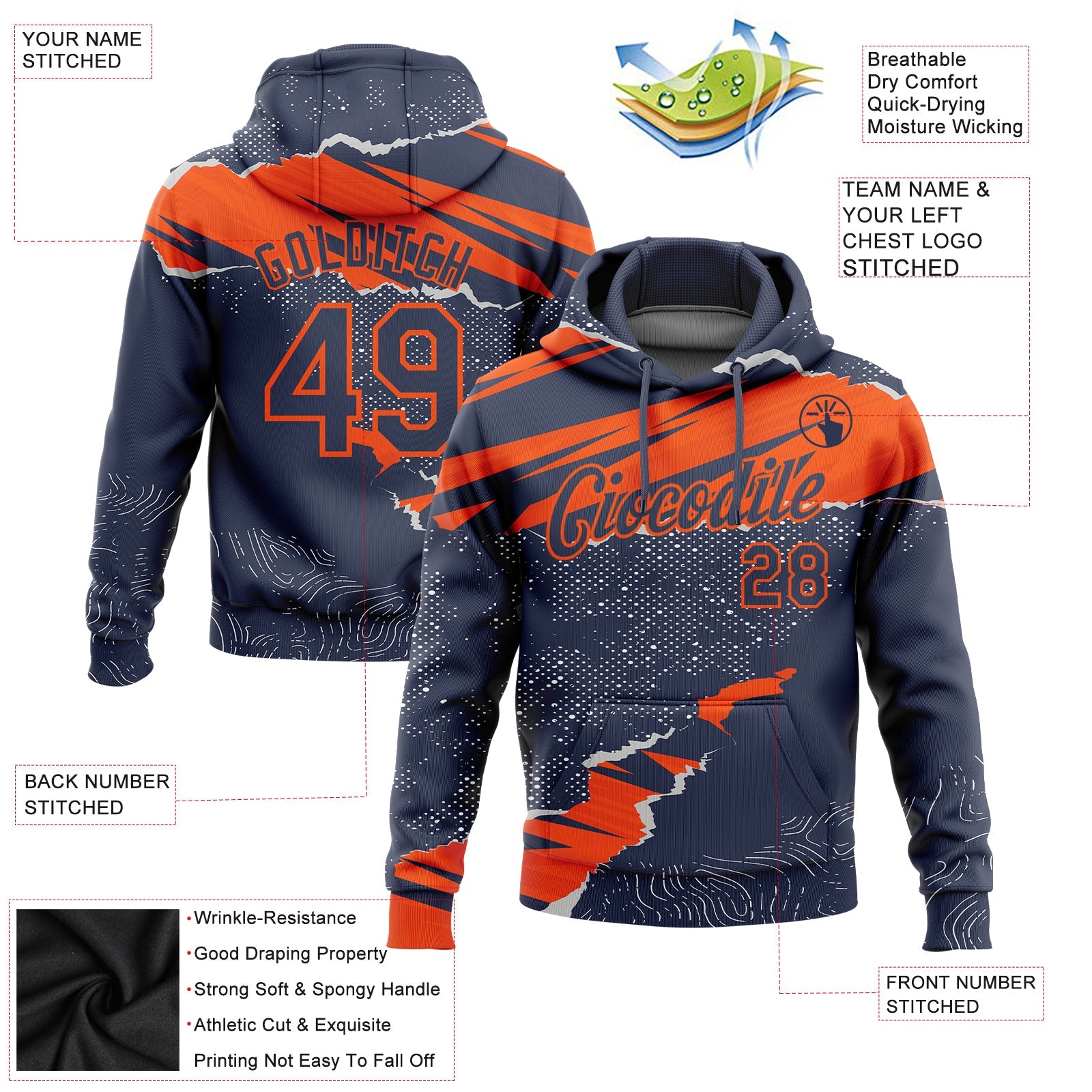 Custom Stitched Navy Orange 3D Pattern Design Torn Paper Style Sports Pullover Sweatshirt Hoodie view 2