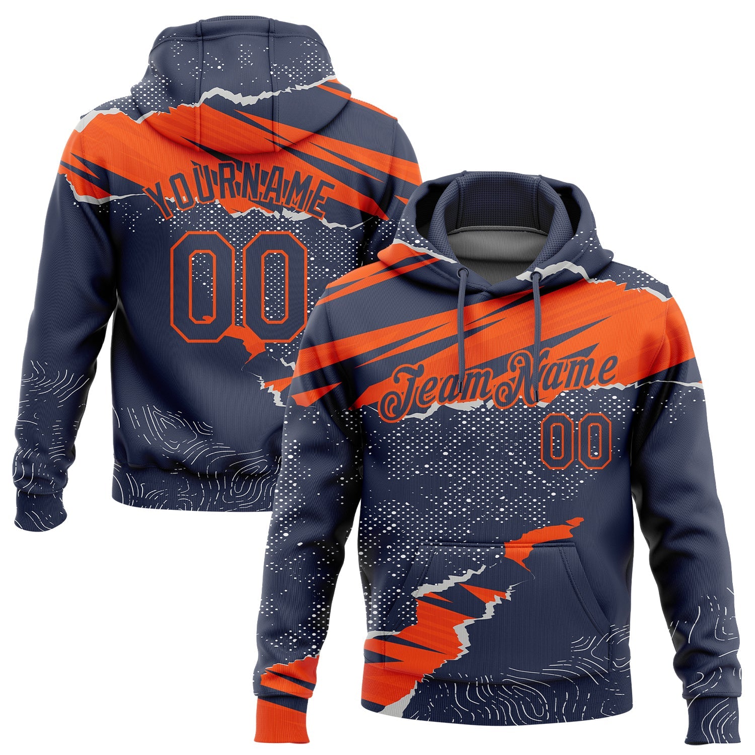 Custom Stitched Navy Orange 3D Pattern Design Torn Paper Style Sports Pullover Sweatshirt Hoodie - Main View
