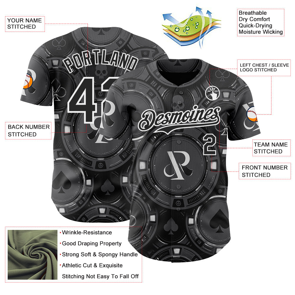 Custom Gray Black-White Las Vegas Poker Club Authentic Baseball Jersey view 3