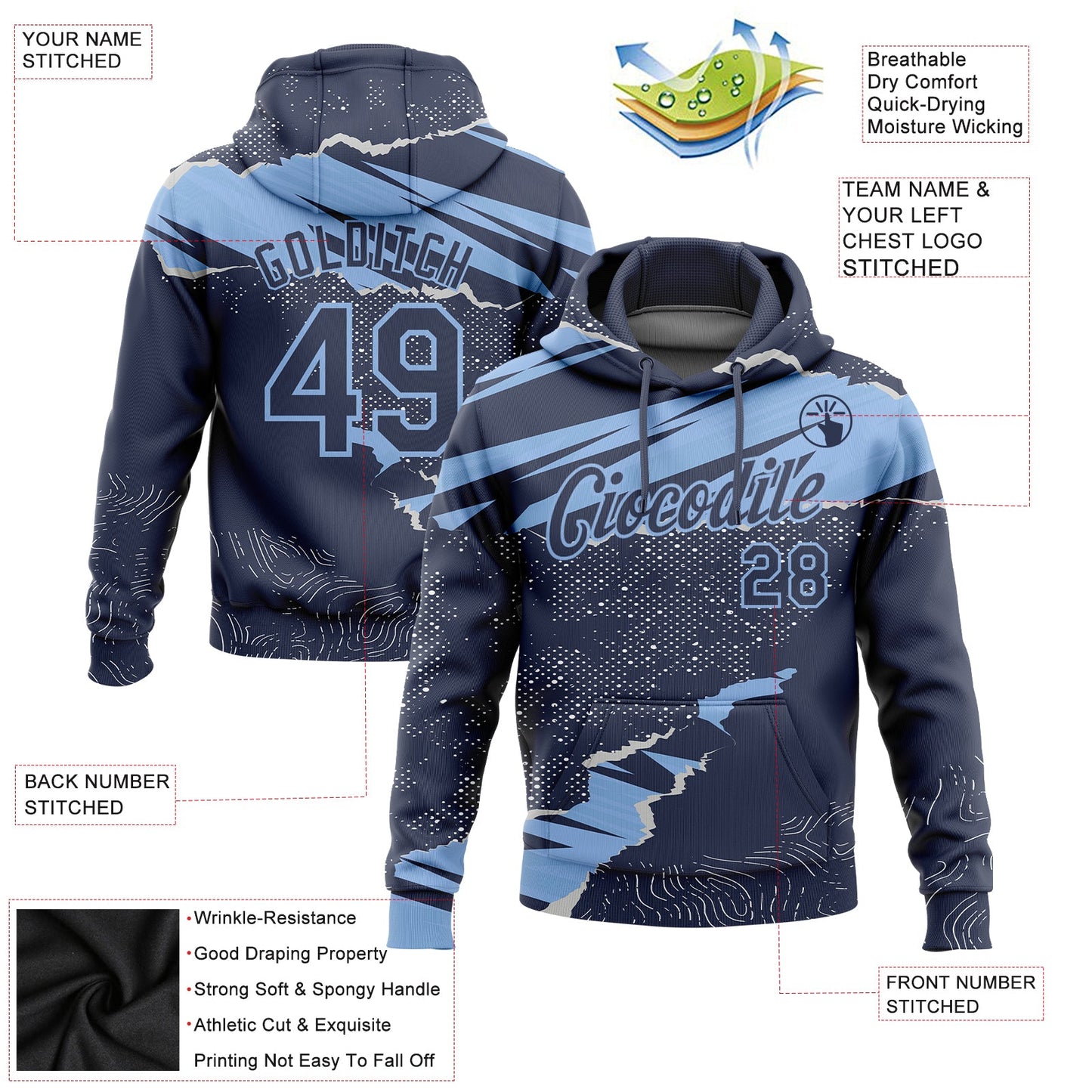 Custom Stitched Navy Light Blue 3D Pattern Design Torn Paper Style Sports Pullover Sweatshirt Hoodie view 2