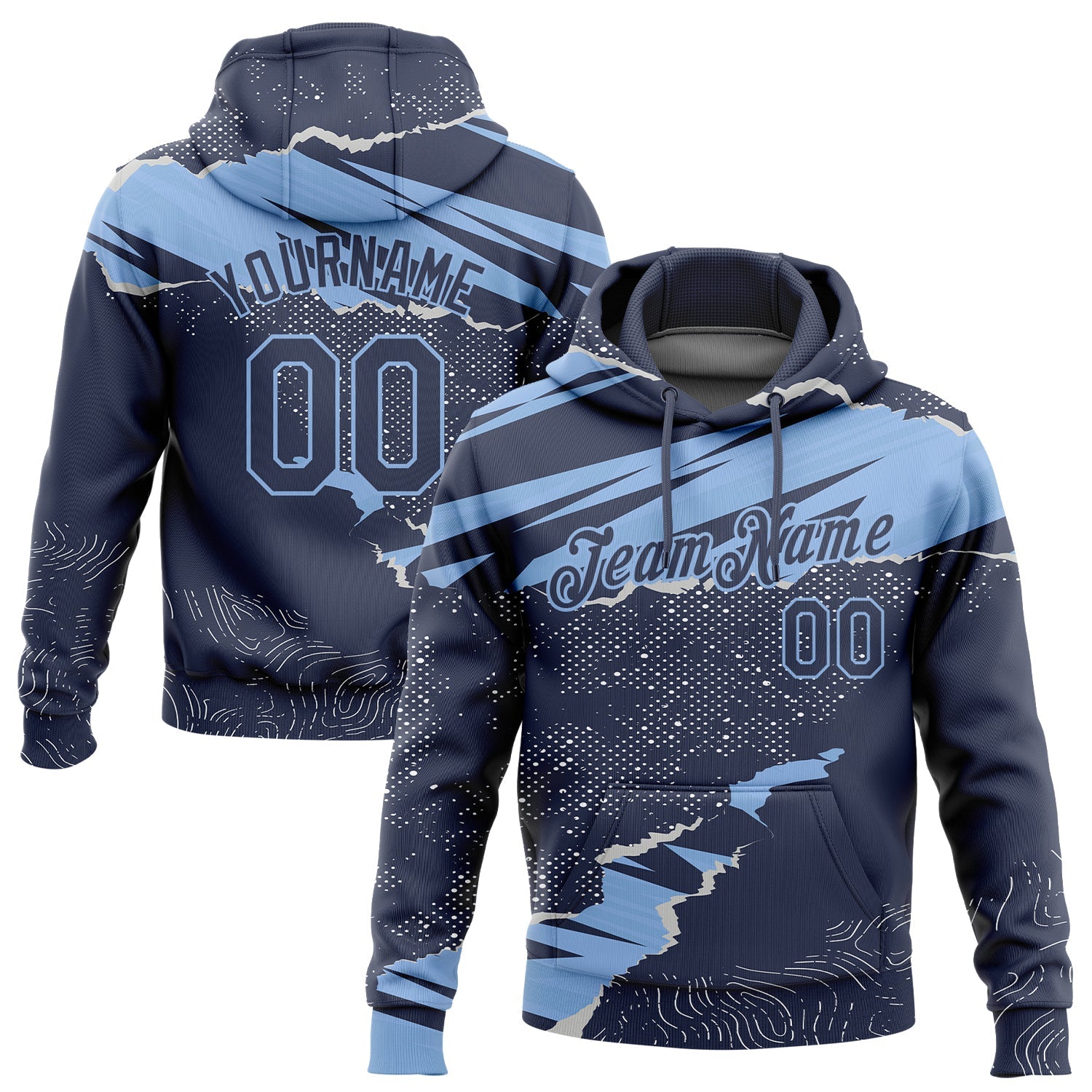 Custom Stitched Navy Light Blue 3D Pattern Design Torn Paper Style Sports Pullover Sweatshirt Hoodie - Main View