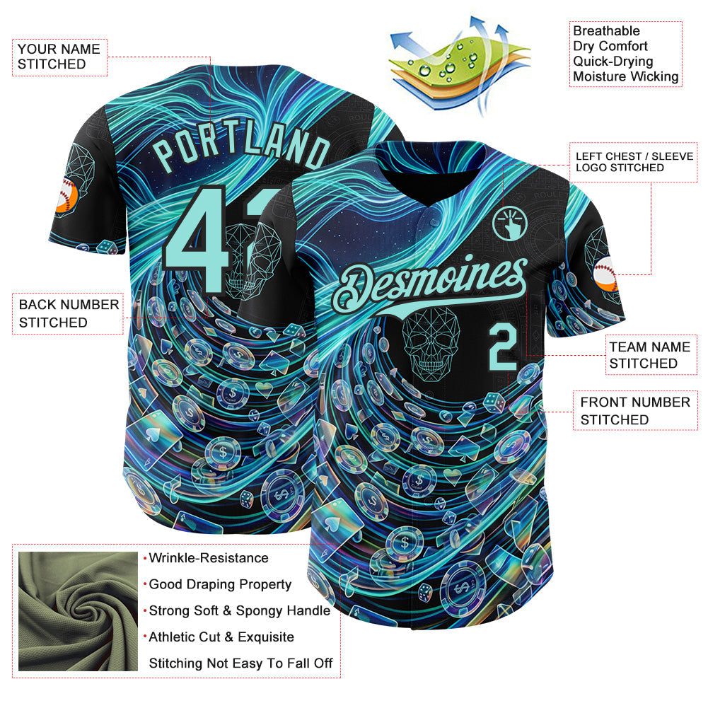 Custom Black-Ice Blue Las Vegas Poker Club Authentic Baseball Jersey view 3