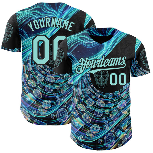 Custom Black-Ice Blue Las Vegas Poker Club Authentic Baseball Jersey - Main View