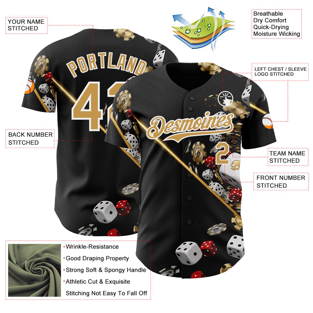 Custom Black Old Gold-White Las Vegas Poker Club Authentic Baseball Jersey view 3