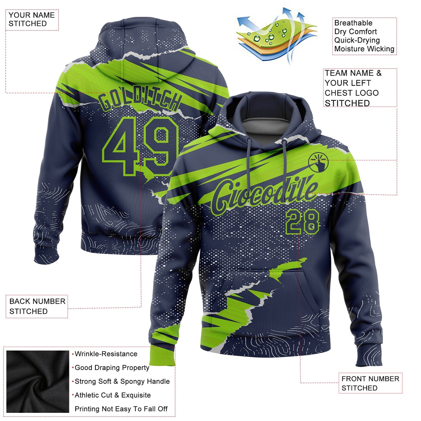 Custom Stitched Navy Neon Green 3D Pattern Design Torn Paper Style Sports Pullover Sweatshirt Hoodie view 2