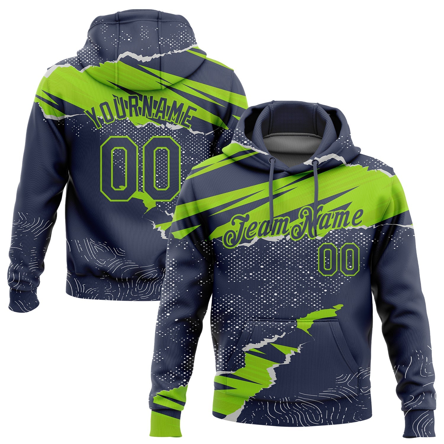 Custom Stitched Navy Neon Green 3D Pattern Design Torn Paper Style Sports Pullover Sweatshirt Hoodie - Main View