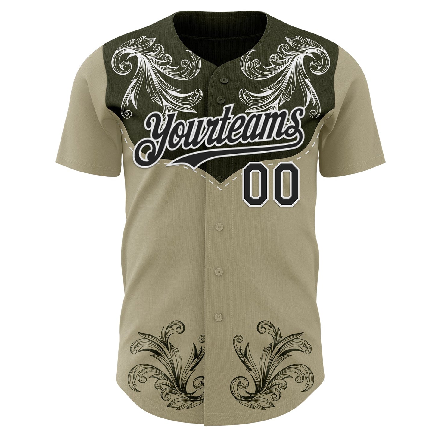 Custom Olive Black-White Baroque Floral Scroll Authentic Baseball Jersey view 2