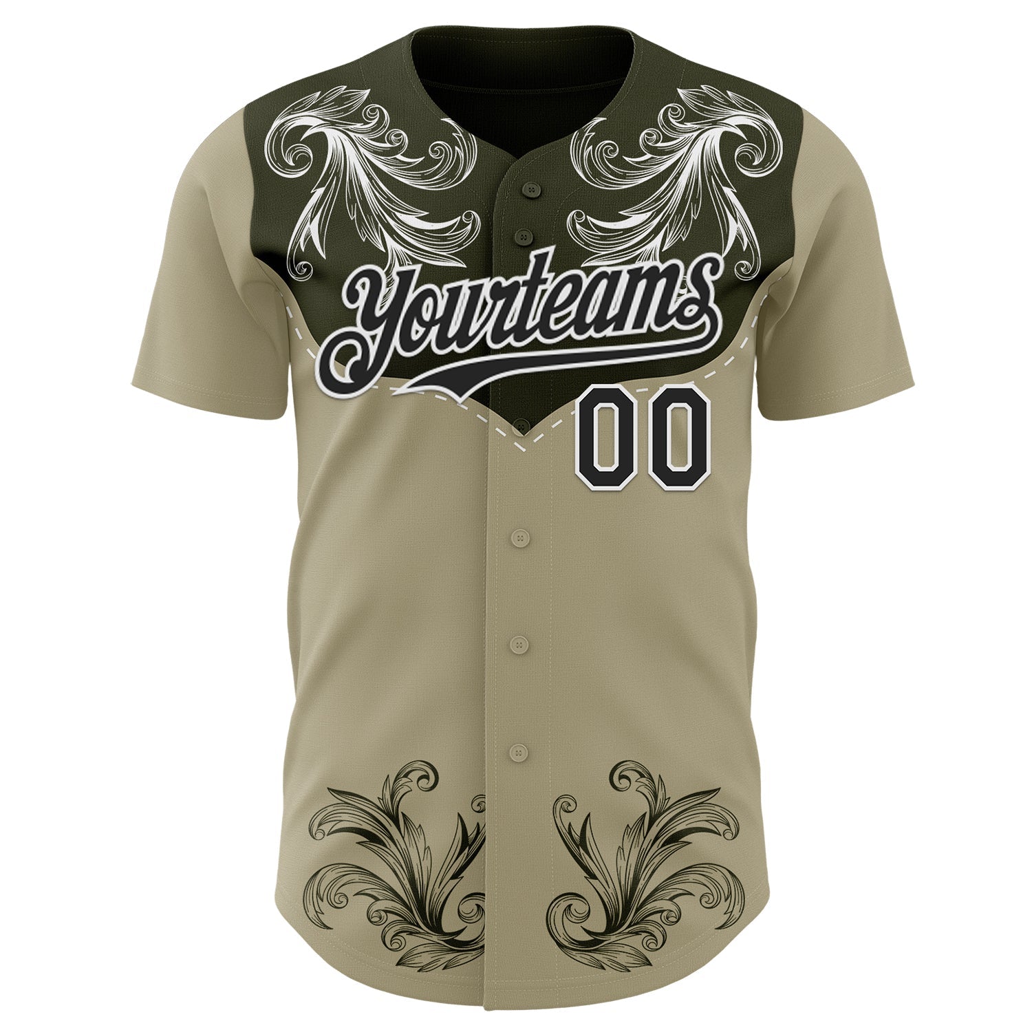 Custom Olive Black-White Baroque Floral Scroll Authentic Baseball Jersey view 2