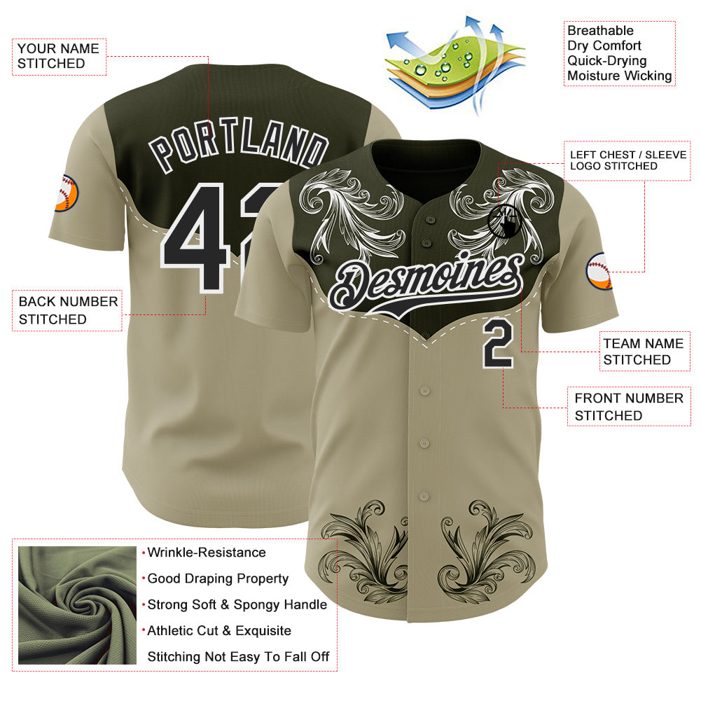 Custom Olive Black-White Baroque Floral Scroll Authentic Baseball Jersey view 3