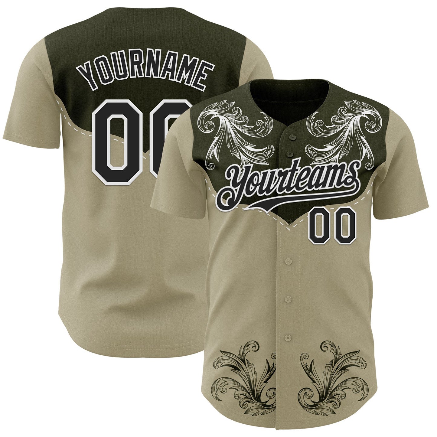Custom Olive Black-White Baroque Floral Scroll Authentic Baseball Jersey - Main View
