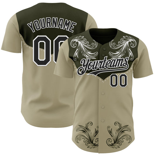 Custom Olive Black-White Baroque Floral Scroll Authentic Baseball Jersey - Main View