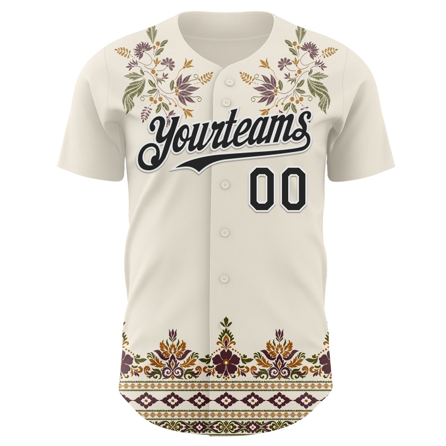 Custom Cream Black-White Baroque Floral Scroll Authentic Baseball Jersey view 2