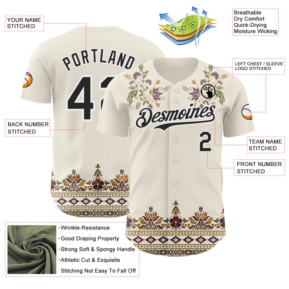 Custom Cream Black-White Baroque Floral Scroll Authentic Baseball Jersey view 3