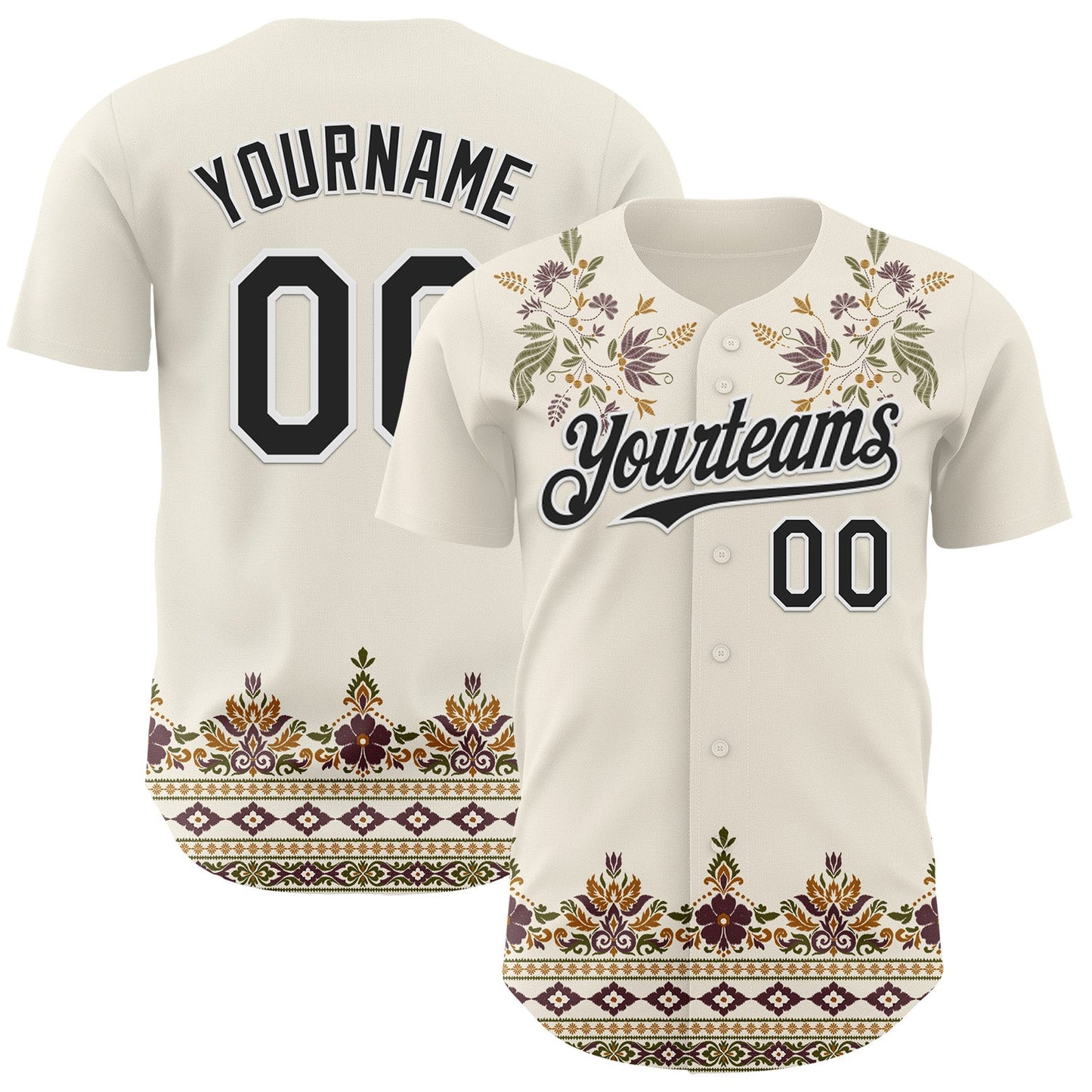 Custom Cream Black-White Baroque Floral Scroll Authentic Baseball Jersey - Main View