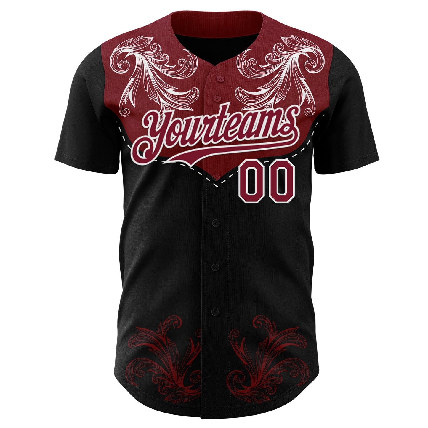 Custom Black Crimson-White Baroque Floral Scroll Authentic Baseball Jersey view 2