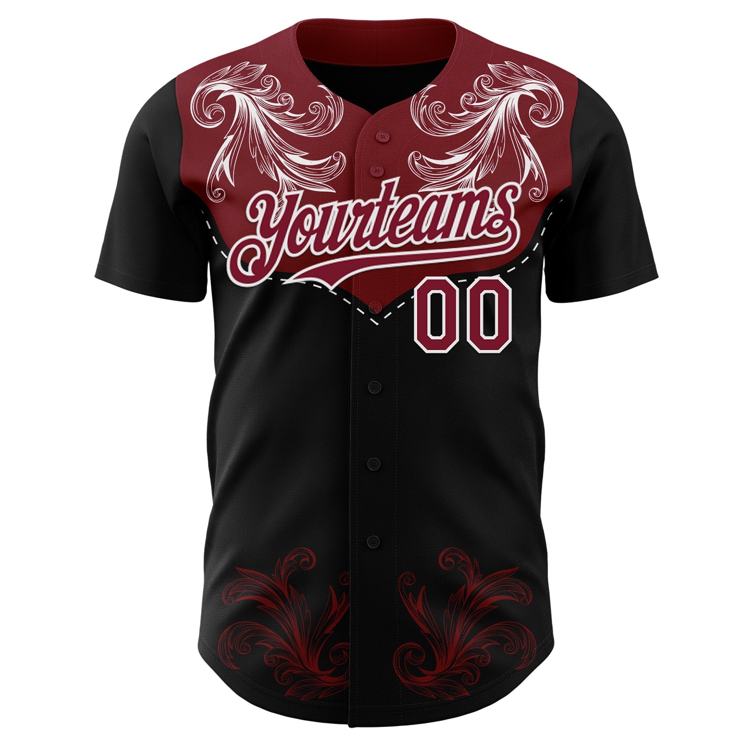 Custom Black Crimson-White Baroque Floral Scroll Authentic Baseball Jersey view 2