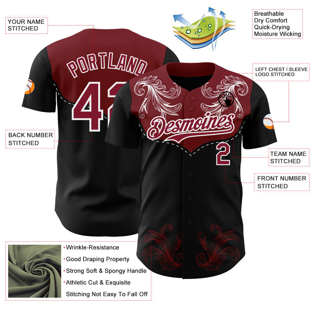 Custom Black Crimson-White Baroque Floral Scroll Authentic Baseball Jersey view 3