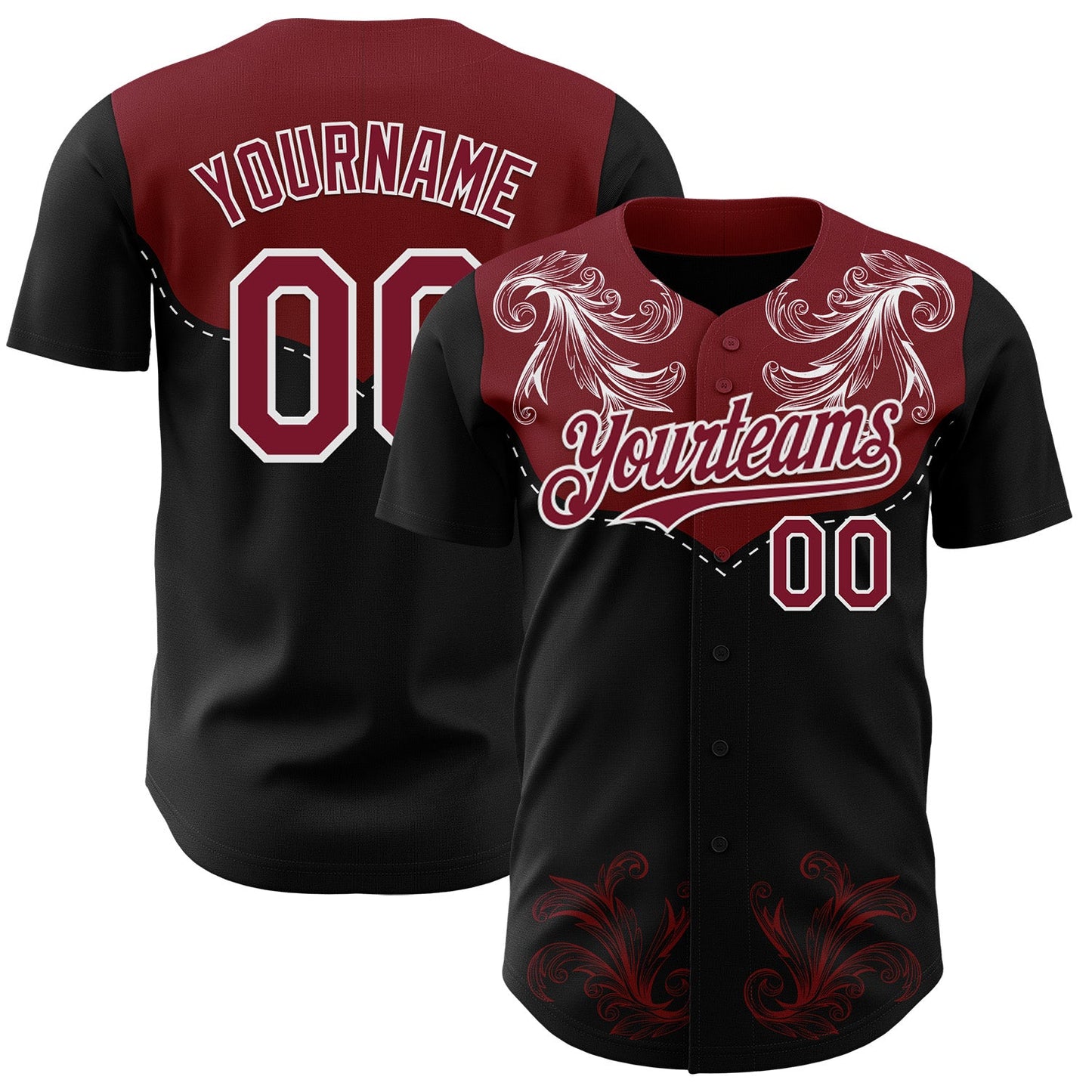 Custom Black Crimson-White Baroque Floral Scroll Authentic Baseball Jersey - Main View
