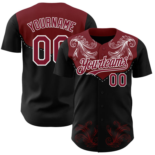 Custom Black Crimson-White Baroque Floral Scroll Authentic Baseball Jersey - Main View
