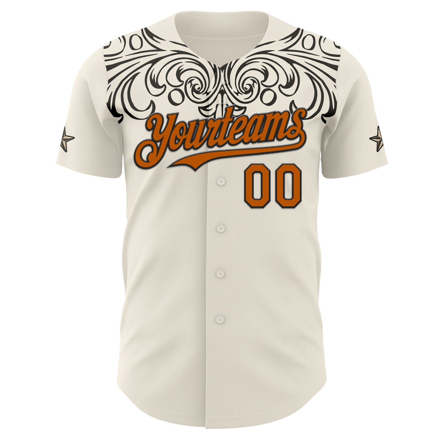 Custom Cream Texas Orange-Black Baroque Floral Scroll Authentic Baseball Jersey view 2