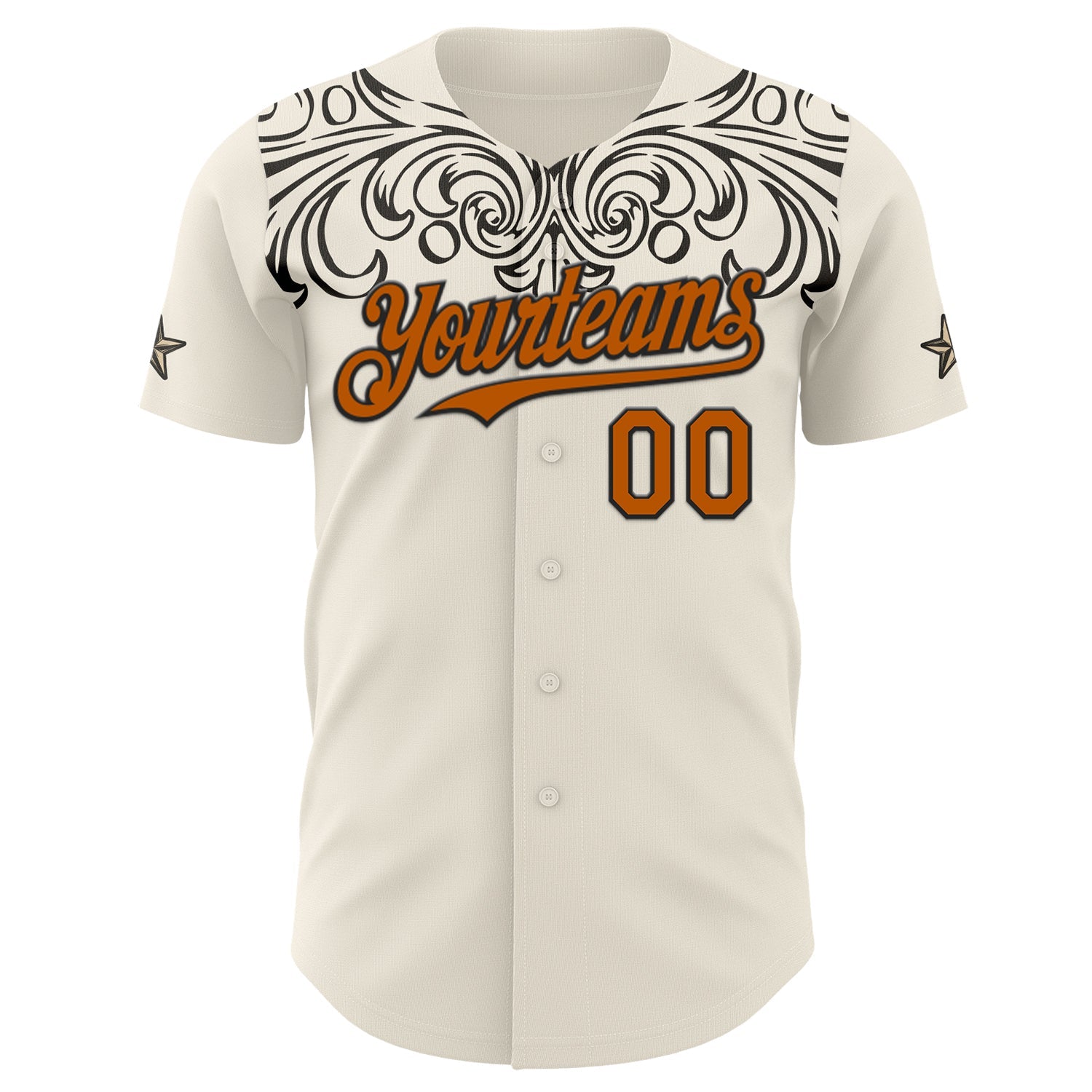 Custom Cream Texas Orange-Black Baroque Floral Scroll Authentic Baseball Jersey view 2