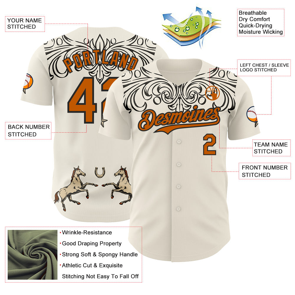 Custom Cream Texas Orange-Black Baroque Floral Scroll Authentic Baseball Jersey view 3