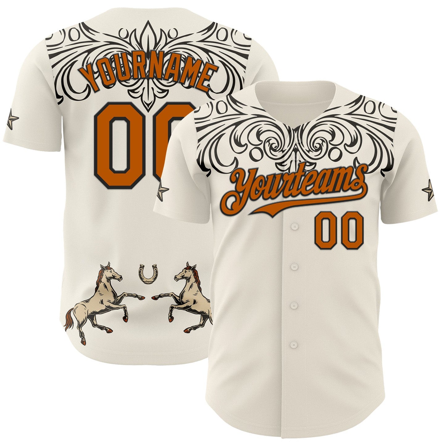 Custom Cream Texas Orange-Black Baroque Floral Scroll Authentic Baseball Jersey - Main View