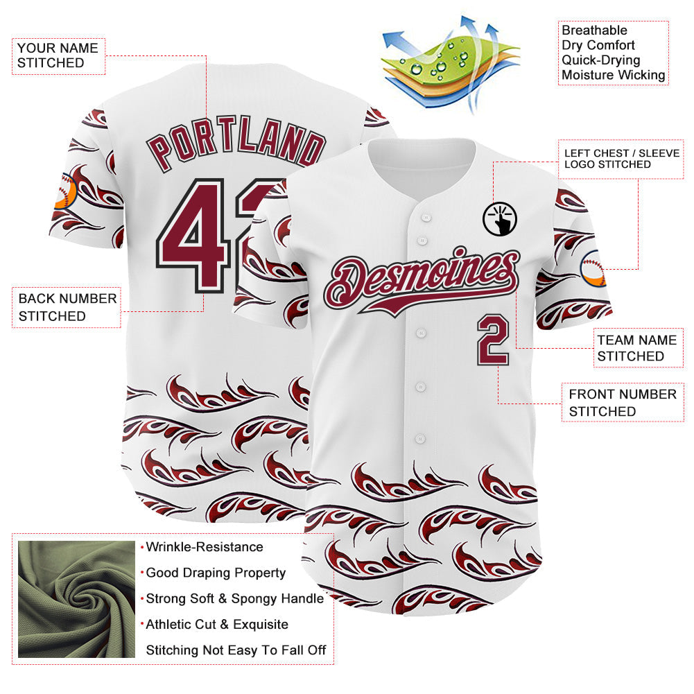 Custom White Crimson-Black Flame Feather Authentic Baseball Jersey view 3