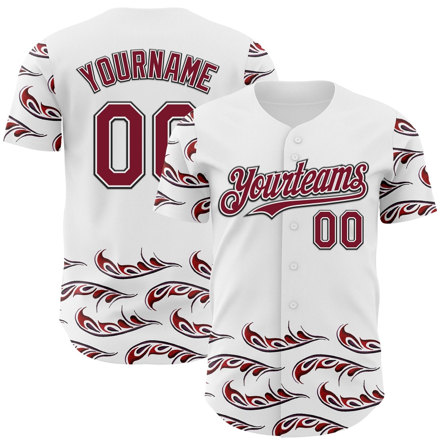Custom White Crimson-Black Flame Feather Authentic Baseball Jersey - Main View