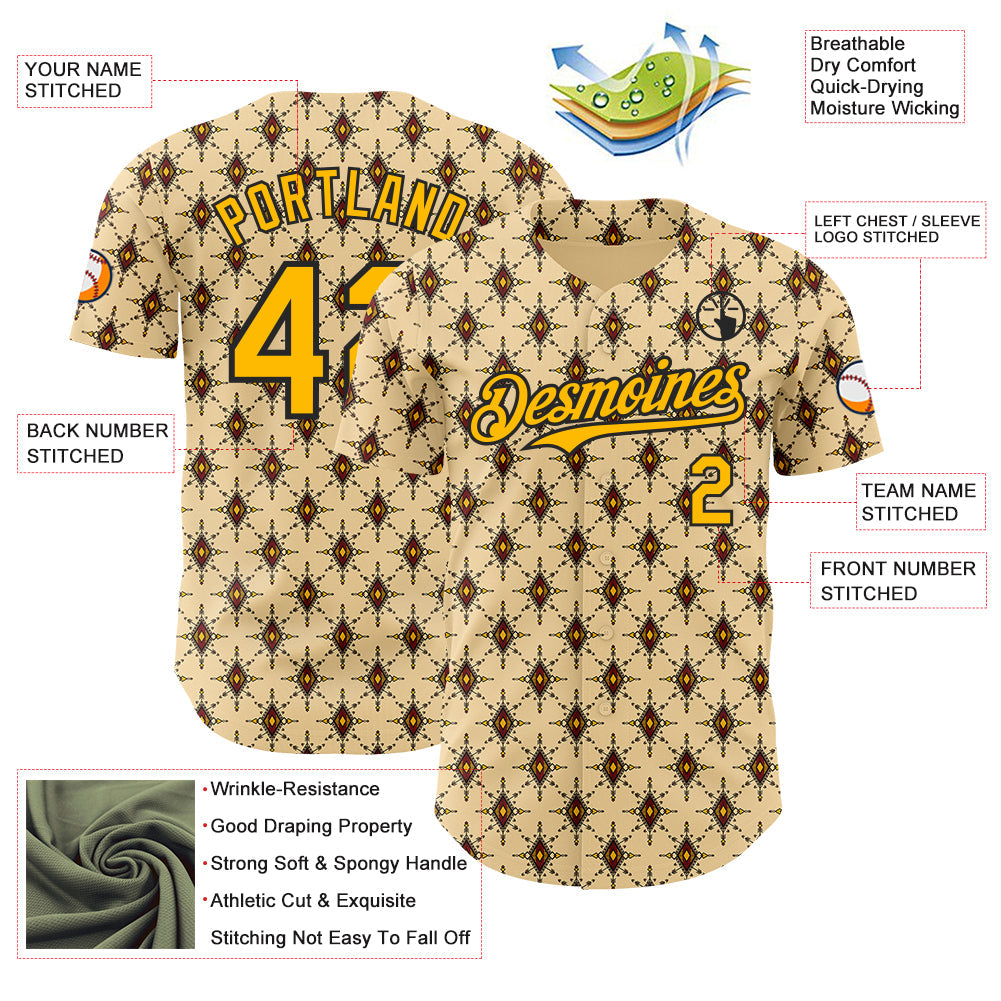 Custom Yellow Gold-Black Geometric Ethnic Authentic Baseball Jersey view 3