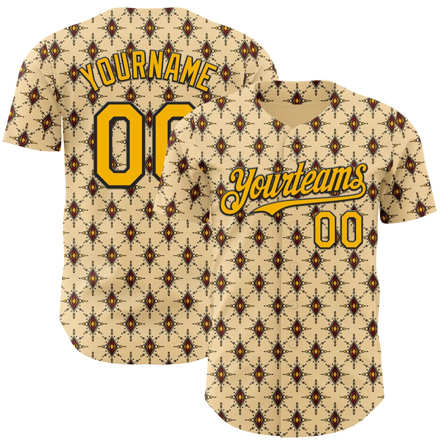 Custom Yellow Gold-Black Geometric Ethnic Authentic Baseball Jersey - Main View