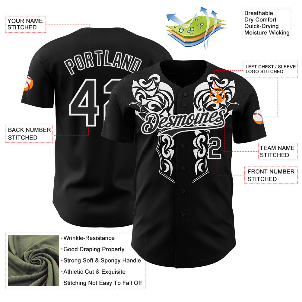 Custom Black-White Baroque Floral Scroll Authentic Baseball Jersey view 3