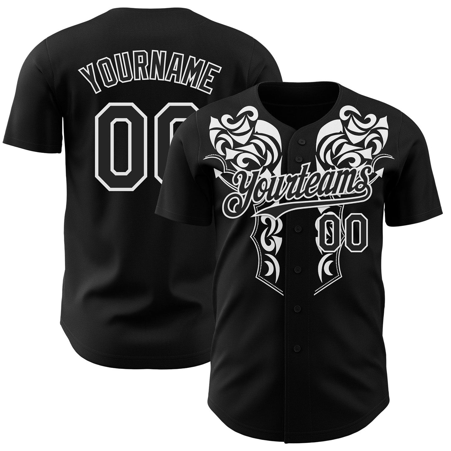 Custom Black-White Baroque Floral Scroll Authentic Baseball Jersey - Main View