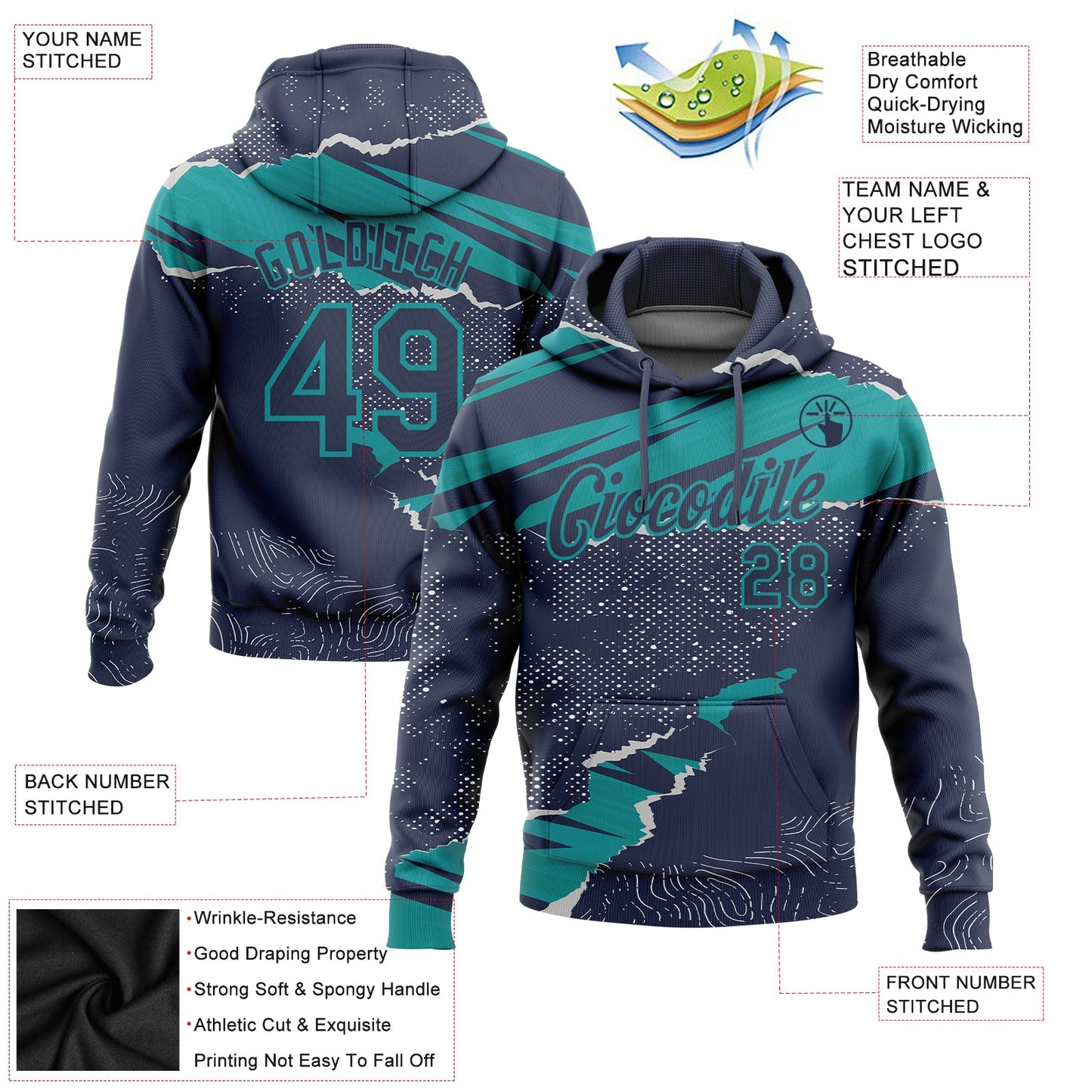 Custom Stitched Navy Teal 3D Pattern Design Torn Paper Style Sports Pullover Sweatshirt Hoodie view 2