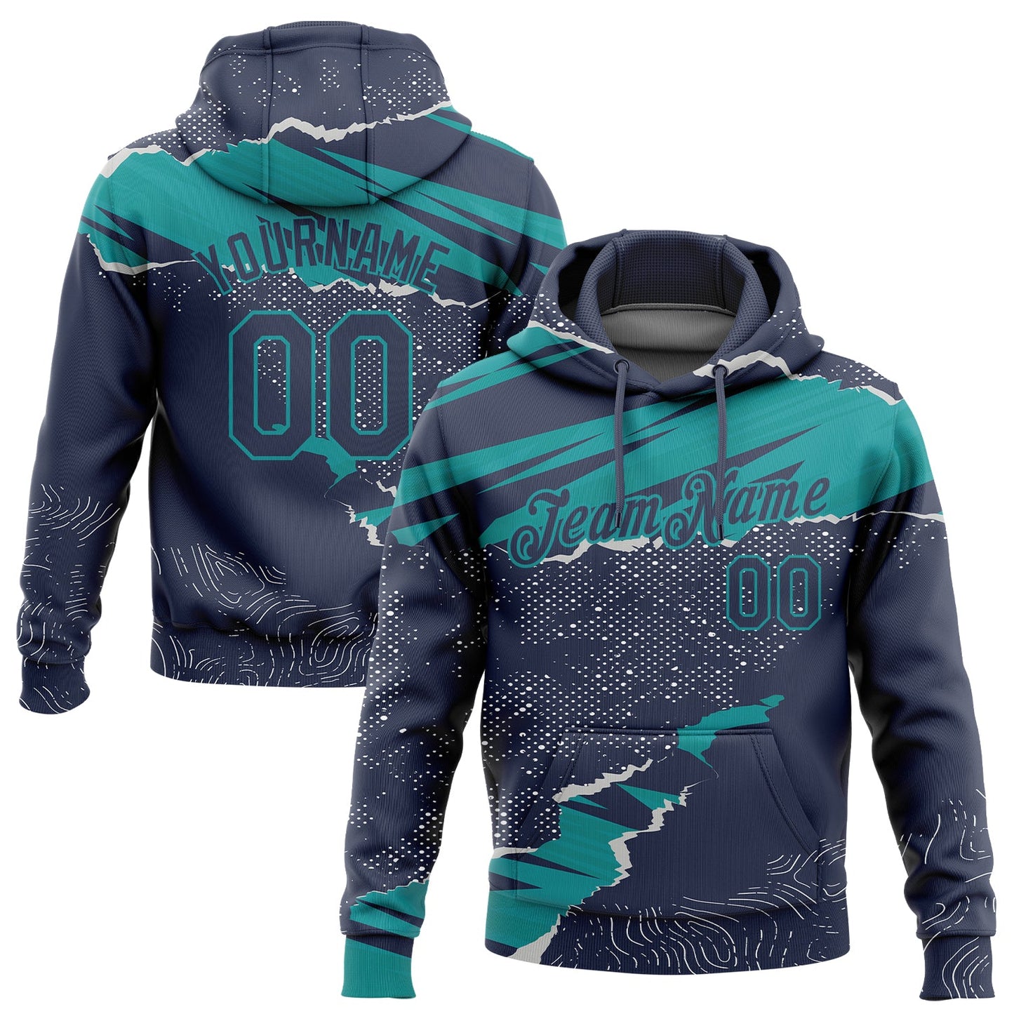 Custom Stitched Navy Teal 3D Pattern Design Torn Paper Style Sports Pullover Sweatshirt Hoodie - Main View