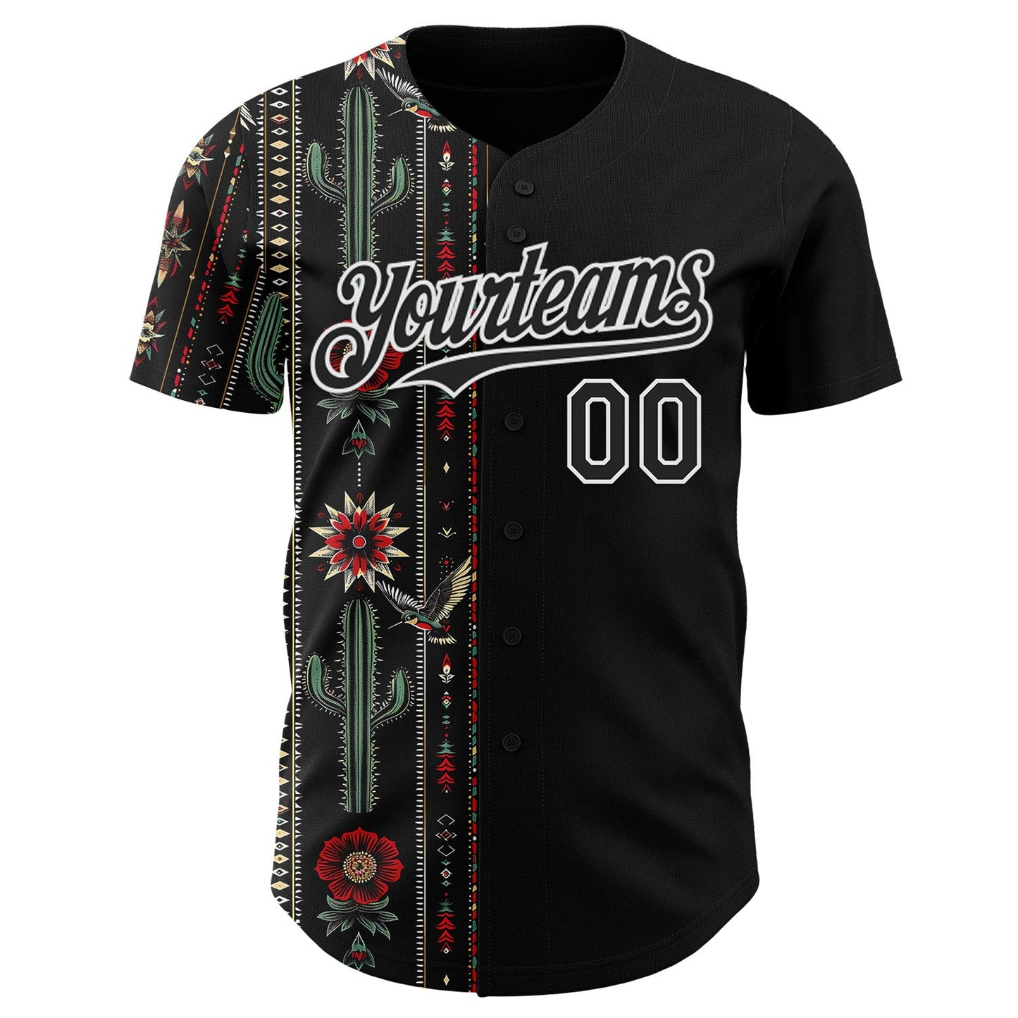 Custom Black-White Southwest Cactus Aztec Tribal Authentic Baseball Jersey view 2