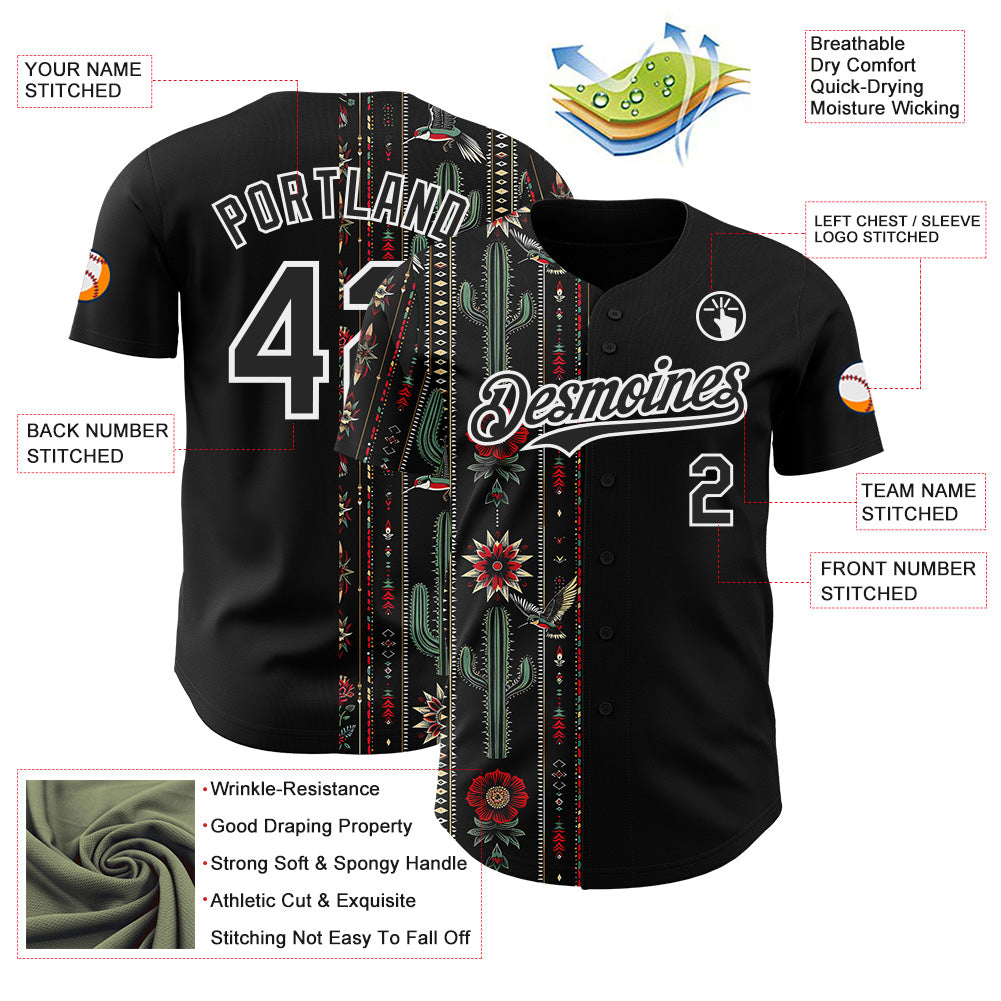 Custom Black-White Southwest Cactus Aztec Tribal Authentic Baseball Jersey view 3