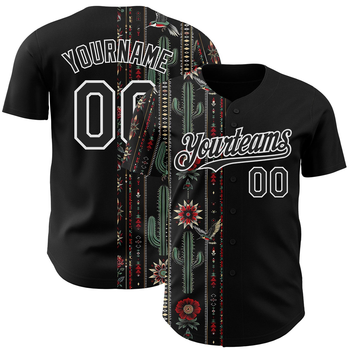 Custom Black-White Southwest Cactus Aztec Tribal Authentic Baseball Jersey - Main View
