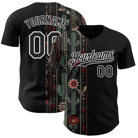 Custom Black-White Southwest Cactus Aztec Tribal Authentic Baseball Jersey - Main View