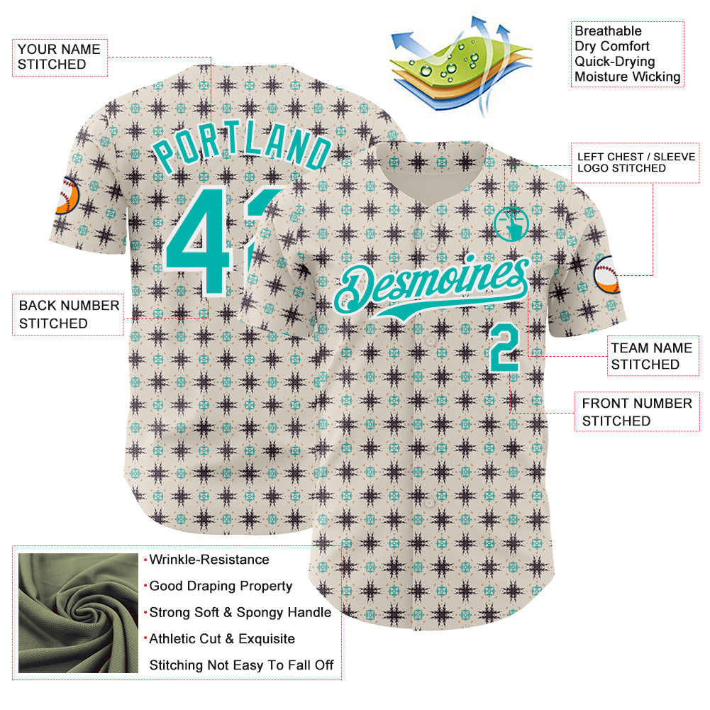 Custom White-Aqua Tribal Ethnic Authentic Baseball Jersey view 3