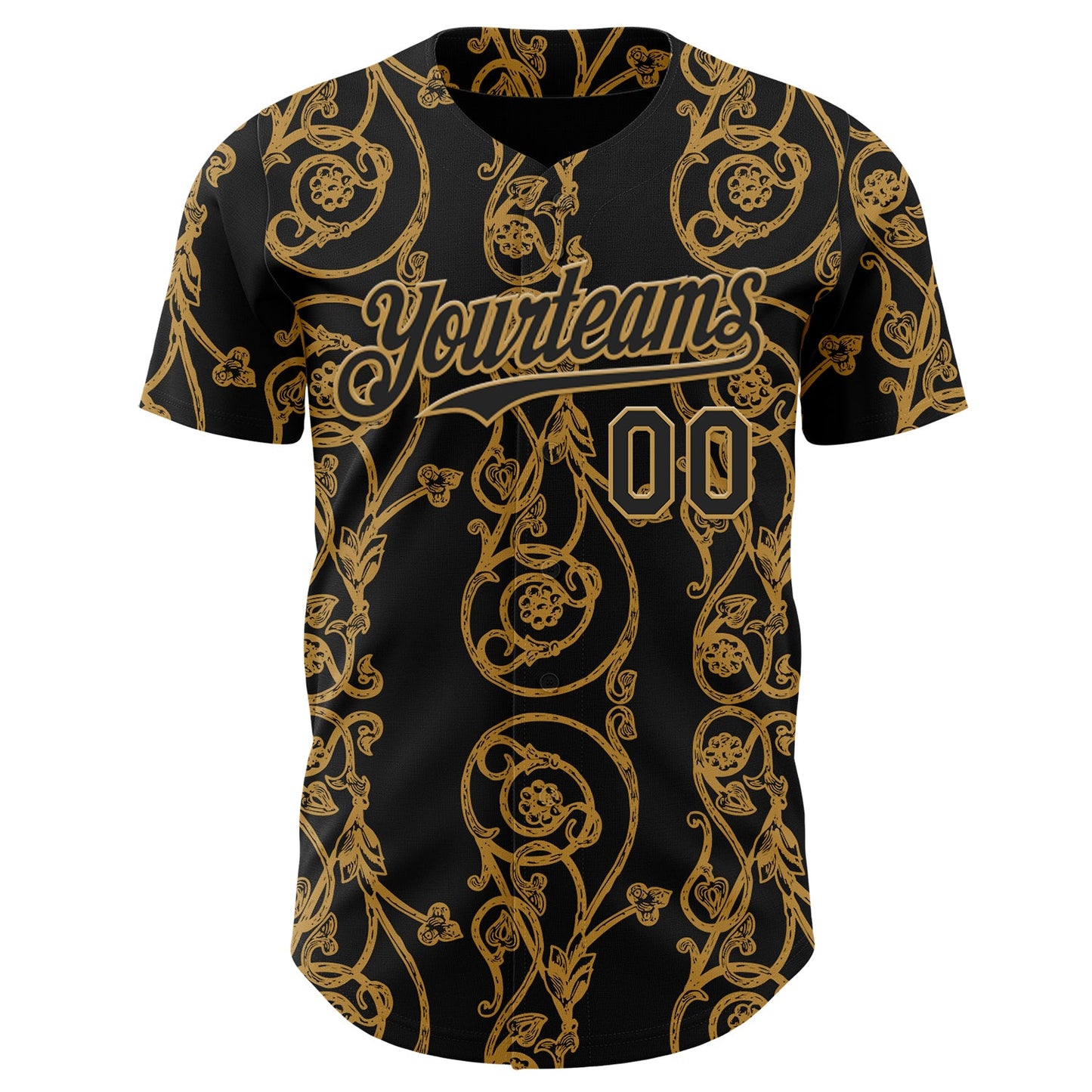 Custom Black-Old Gold Baroque Floral Scroll Authentic Baseball Jersey view 2