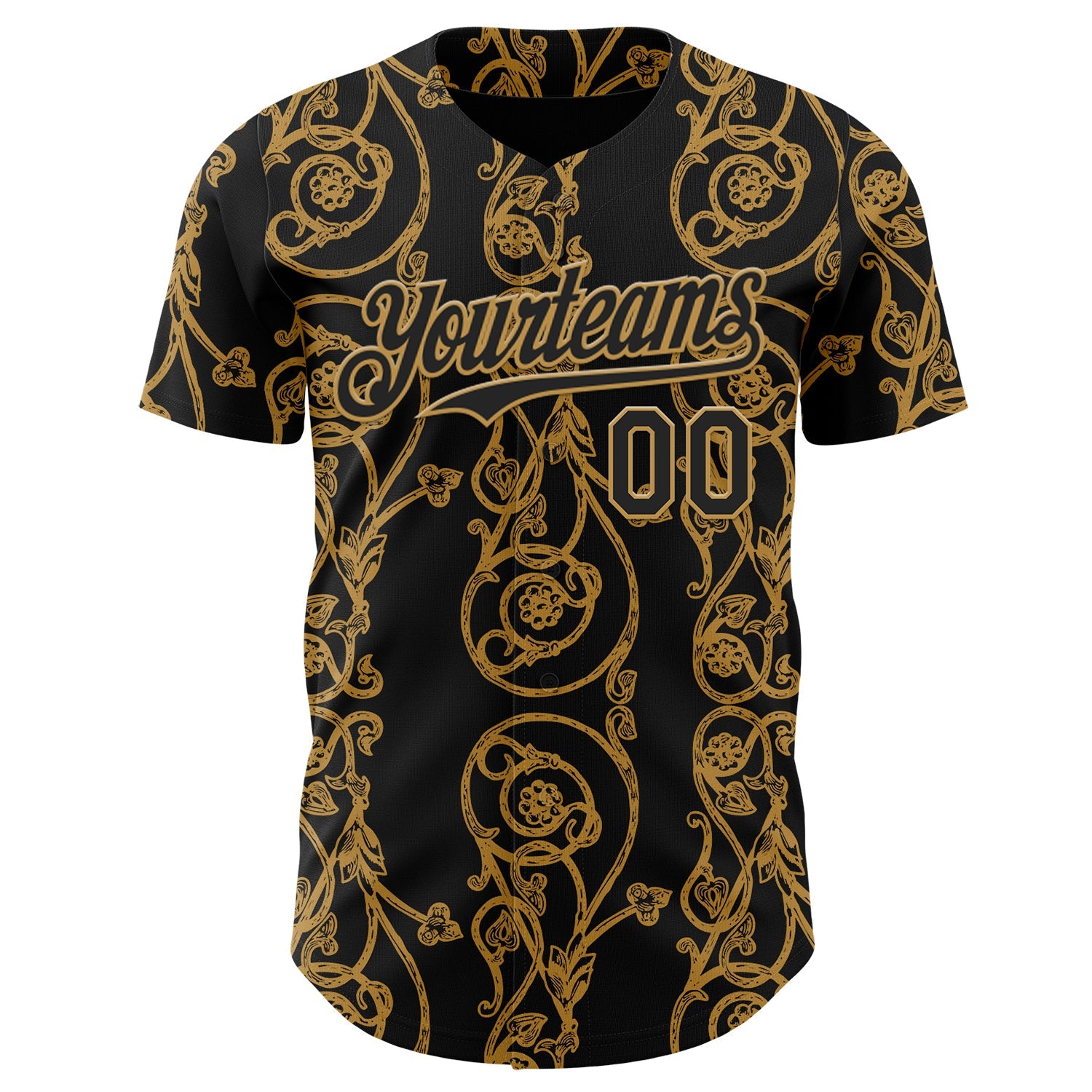 Custom Black-Old Gold Baroque Floral Scroll Authentic Baseball Jersey view 2