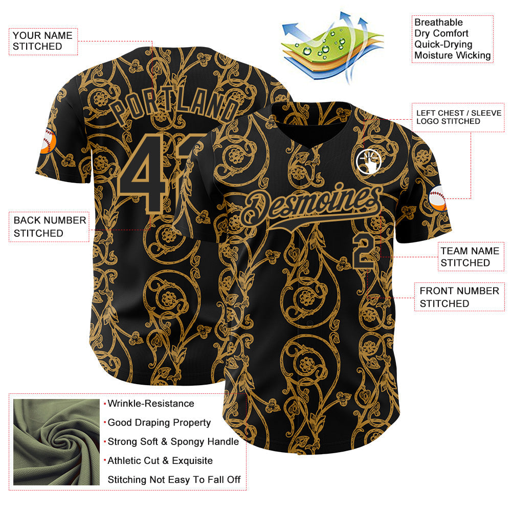 Custom Black-Old Gold Baroque Floral Scroll Authentic Baseball Jersey view 3