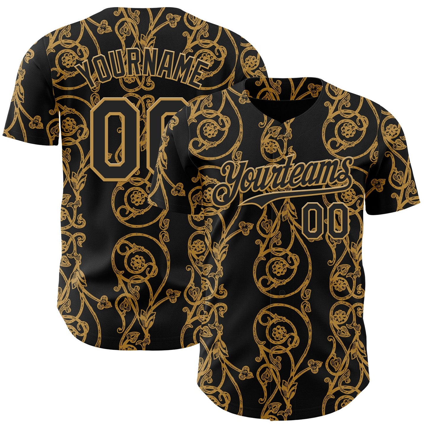Custom Black-Old Gold Baroque Floral Scroll Authentic Baseball Jersey - Main View